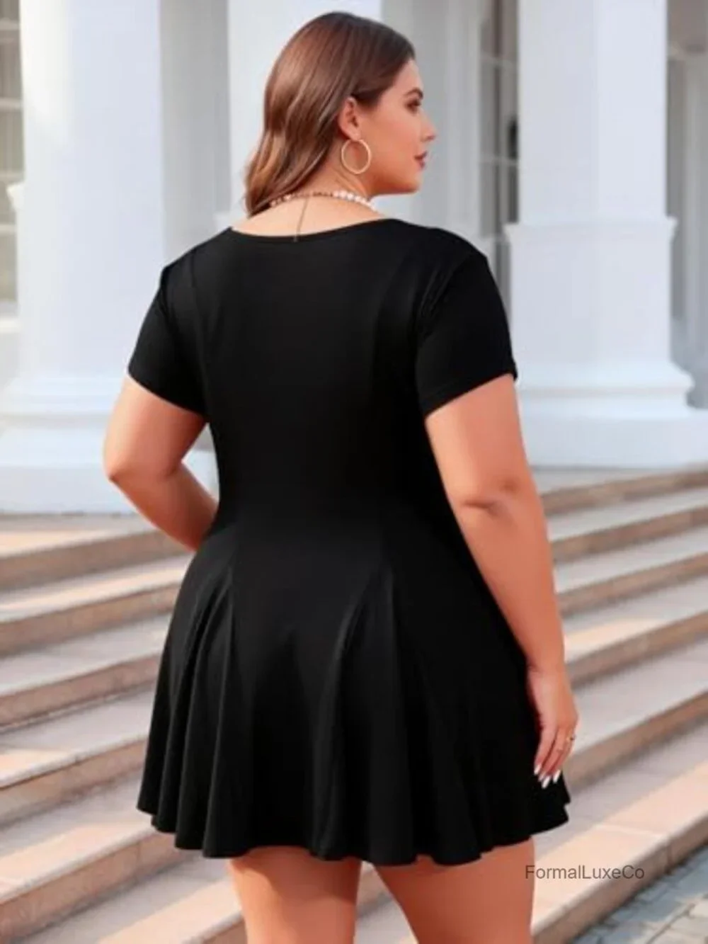 Plus Size A-Line Mini Dress Square Neck Short Sleeve Ruffle Hem Party - Picture 5 of 5